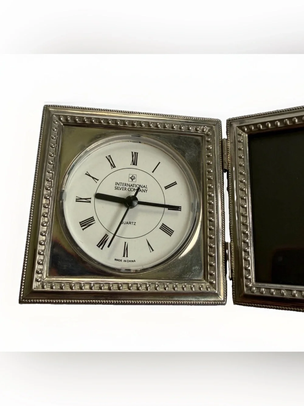 International Silver Co Folding Desk Clock Picture Frame Silver Tone